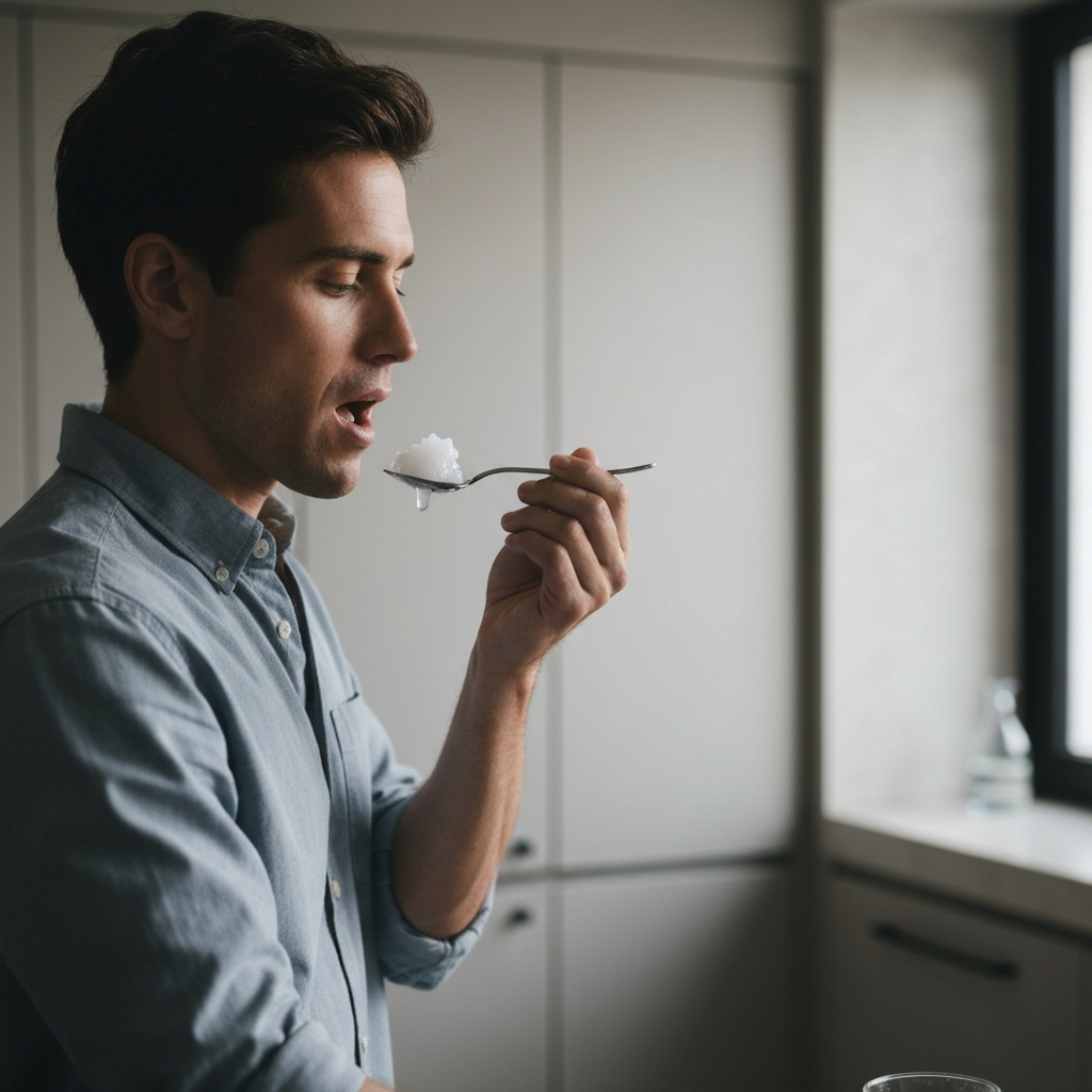 A person in a well-lit kitchen, wearing a casual but clean shirt, gently swirling a spoonful of coconut oil in their mouth. Soft focus background.