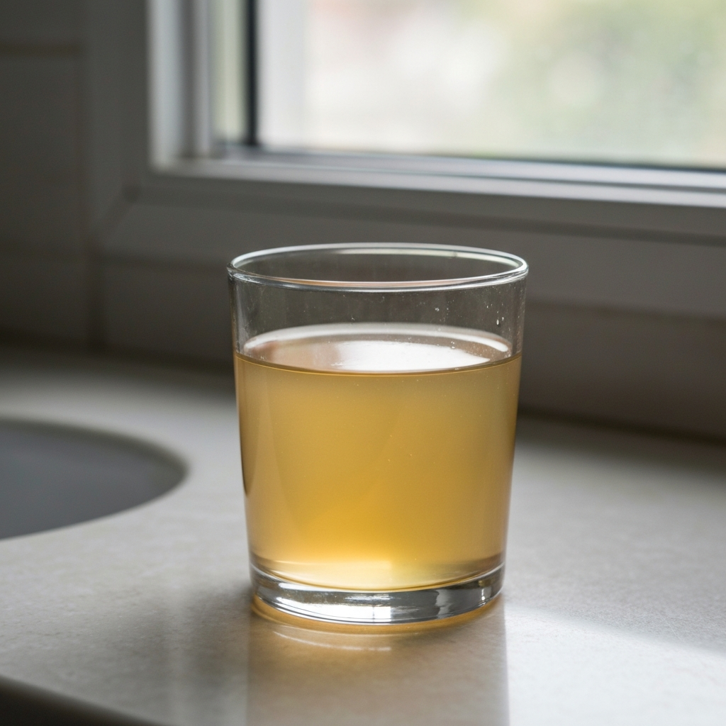 A clear glass filled with diluted apple cider vinegar, sitting on a clean bathroom countertop. Soft, natural light filtering through a window.