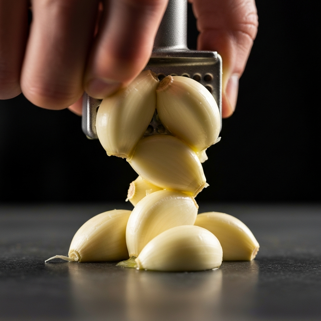 Close-up shot of several cloves of garlic being crushed with a garlic press, highlighting the texture and oils being released. Soft, side-lit focus on the garlic cloves.