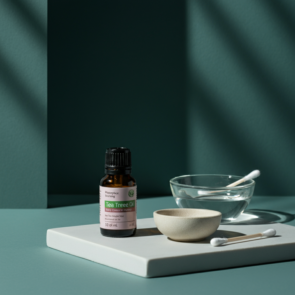 Small brown bottle of tea tree oil, next to a cotton swab and a small bowl of water. The scene is captured in a minimalist, clinical setting.