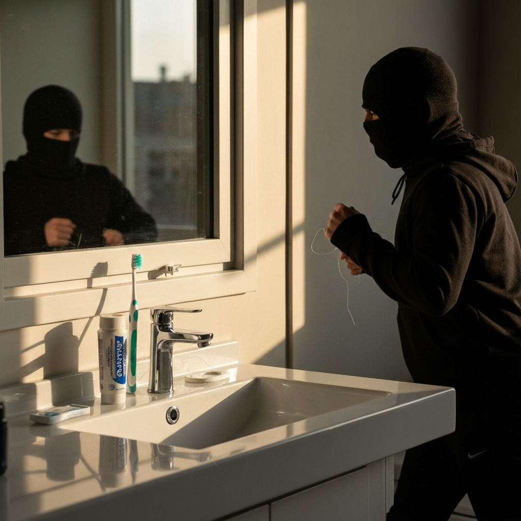 A modern bathroom sink with a toothbrush, toothpaste, and dental floss arranged neatly. Soft, morning light coming through a window.