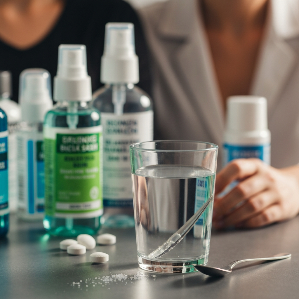 A variety of mouthwash bottles, breath sprays, and mints are partially blurred in the background. In focus is a glass of water with a small spoon resting beside it, indicating the mixing of a salt solution. Natural light.