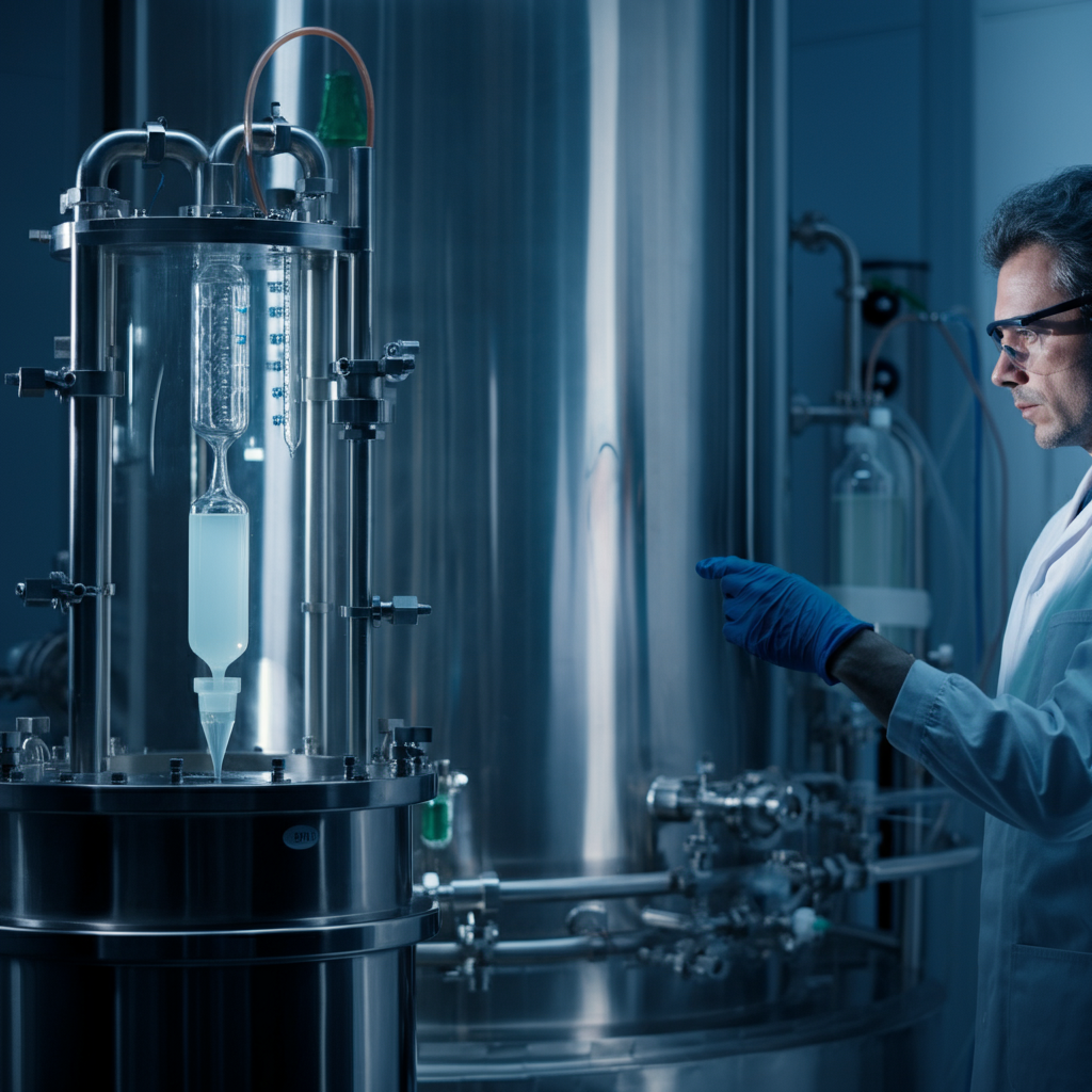 A well-lit, professional laboratory setting. Focus on stainless steel extraction equipment with frosted glass components. A scientist wearing safety glasses and gloves is monitoring the process.