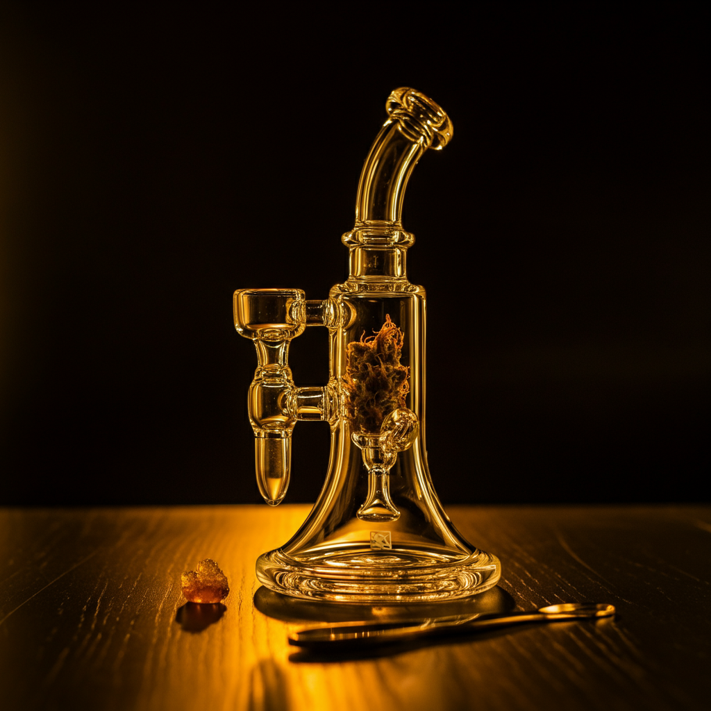 A close-up of a glass dab rig with a quartz banger. A small dab tool rests beside it, with a tiny portion of live resin on the tip. Soft, diffused light illuminates the setup.