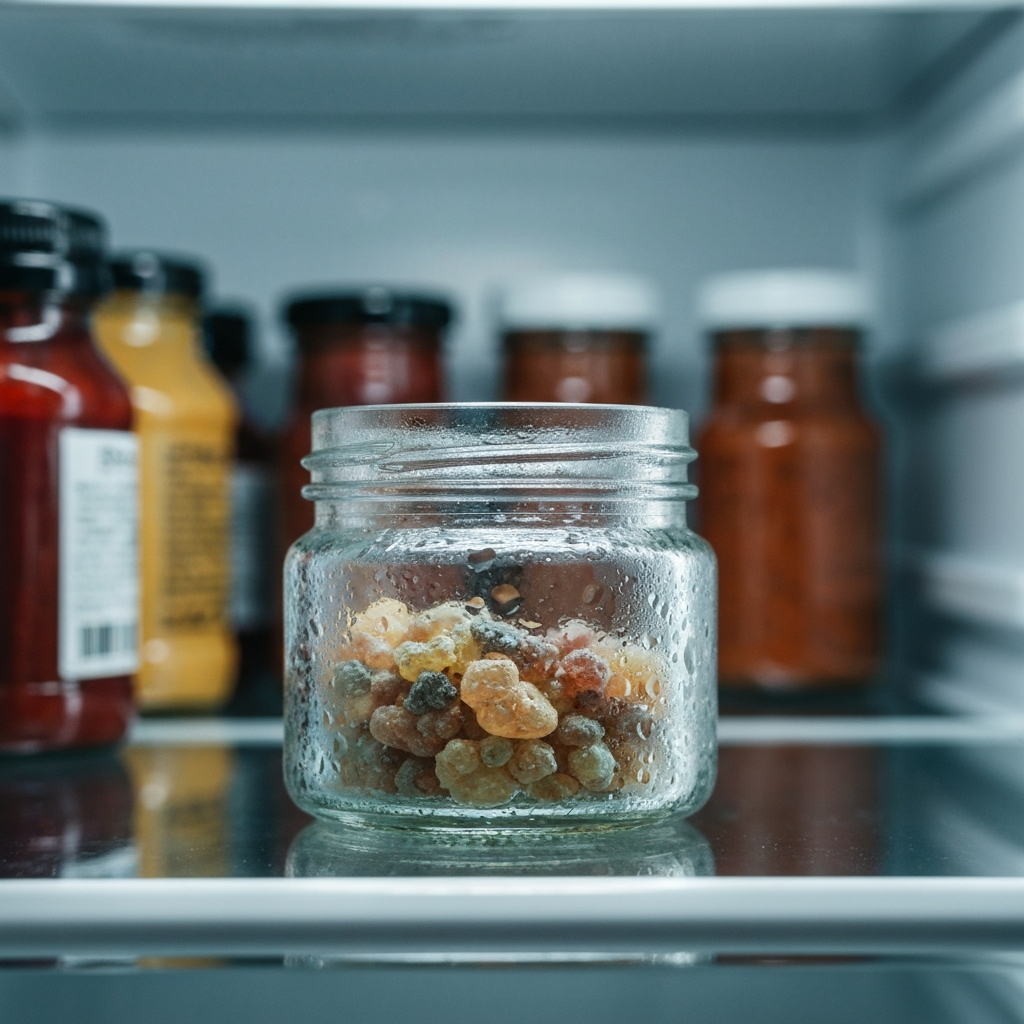 A small glass jar containing live resin, sitting inside a refrigerator. Focus on the condensation on the jar and the cool, dark environment within the fridge. Other condiments and food items are blurred in the background.