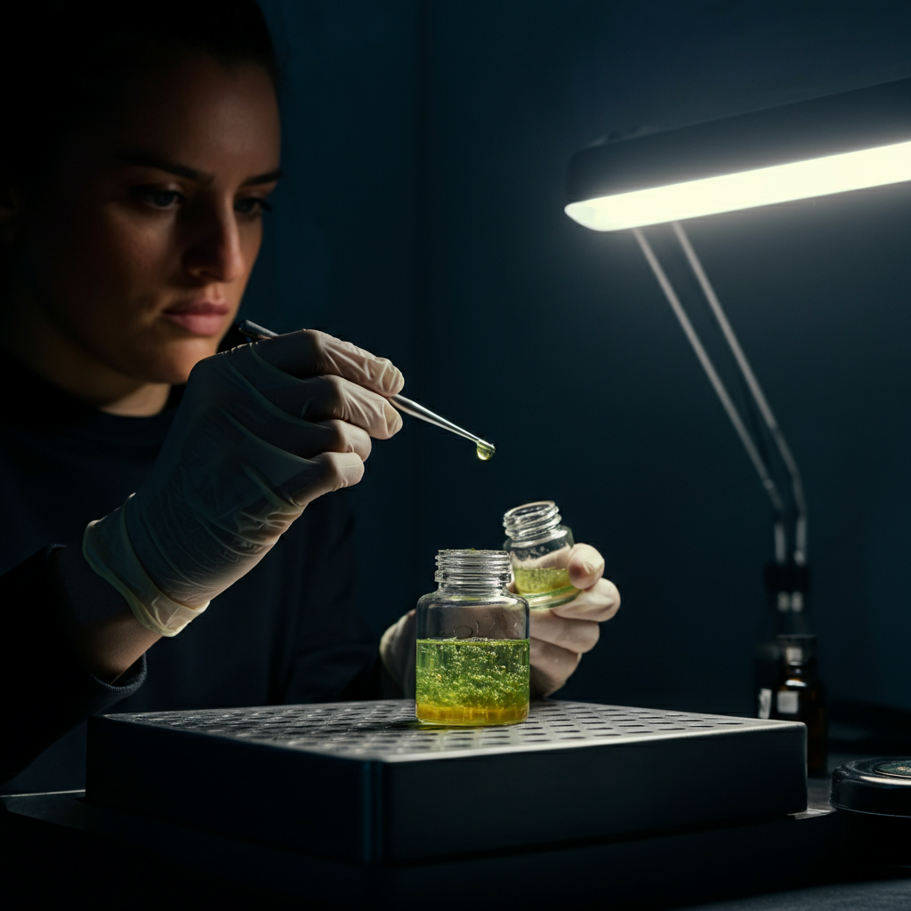 A person carefully measuring a small amount of live resin onto a dab tool. They are wearing gloves and working in a clean, organized setting. The lighting is bright and focused.