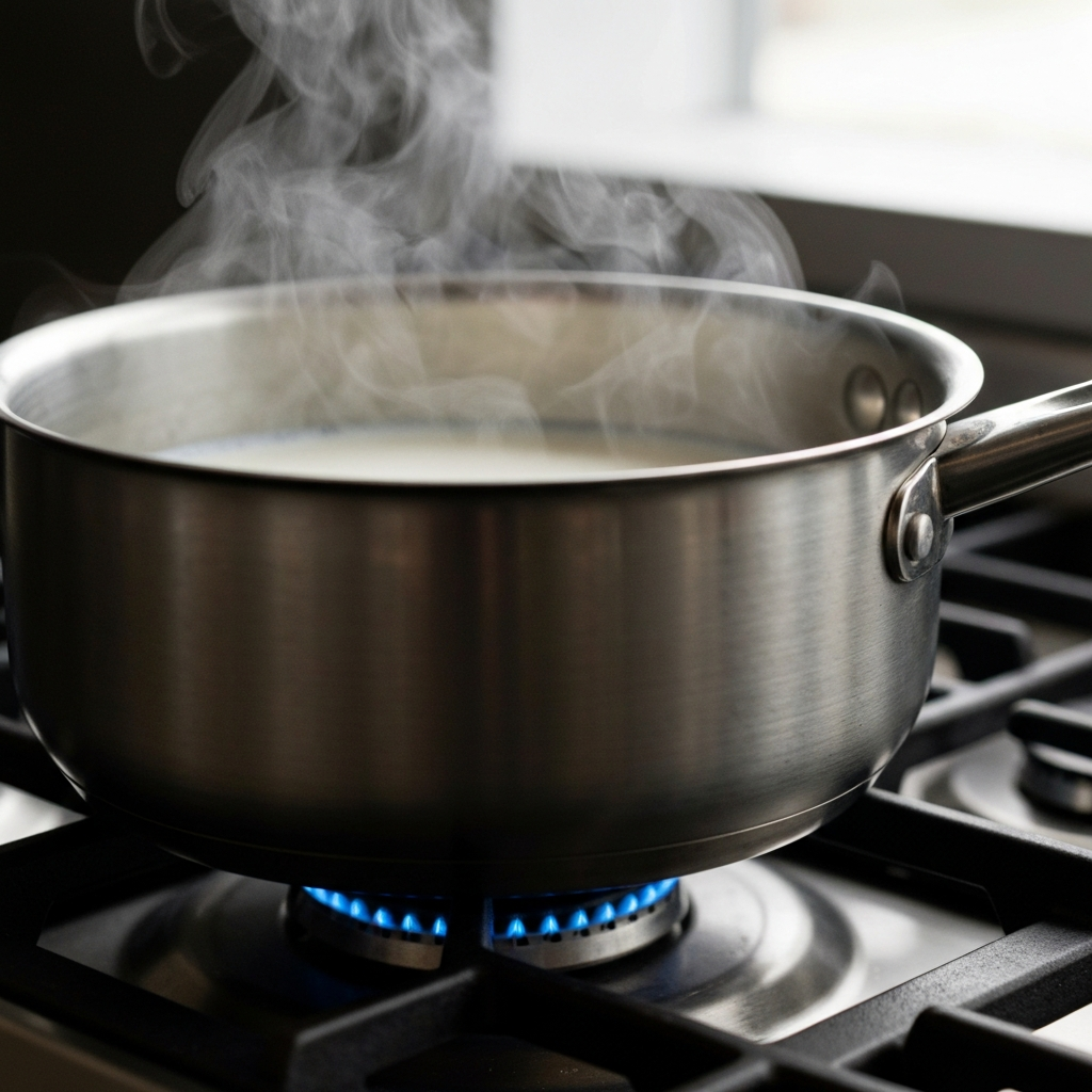 Close-up of a stainless steel saucepan on a gas stove. Steam gently rises from the milk within. Soft, diffused natural light illuminates the scene. The focus is on the texture of the milk and the pan's brushed metal.