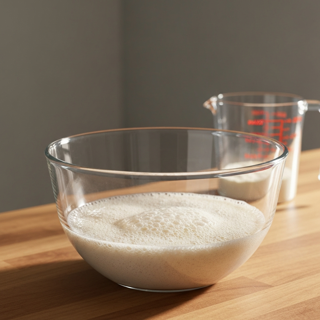An eye-level shot of a glass mixing bowl containing a frothy yeast mixture. The bowl is on a wooden countertop, slightly side-lit to highlight the bubbles. In the background, a blurred measuring cup suggests recent ingredient additions.