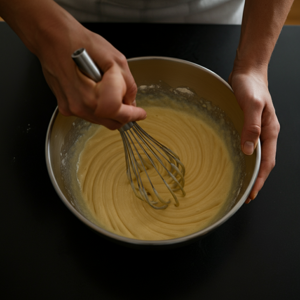 Overhead view of a person whisking ingredients in a large mixing bowl. The focus is on the swirling motion and the smooth consistency of the mixture. Soft, ambient lighting creates a warm, inviting atmosphere.