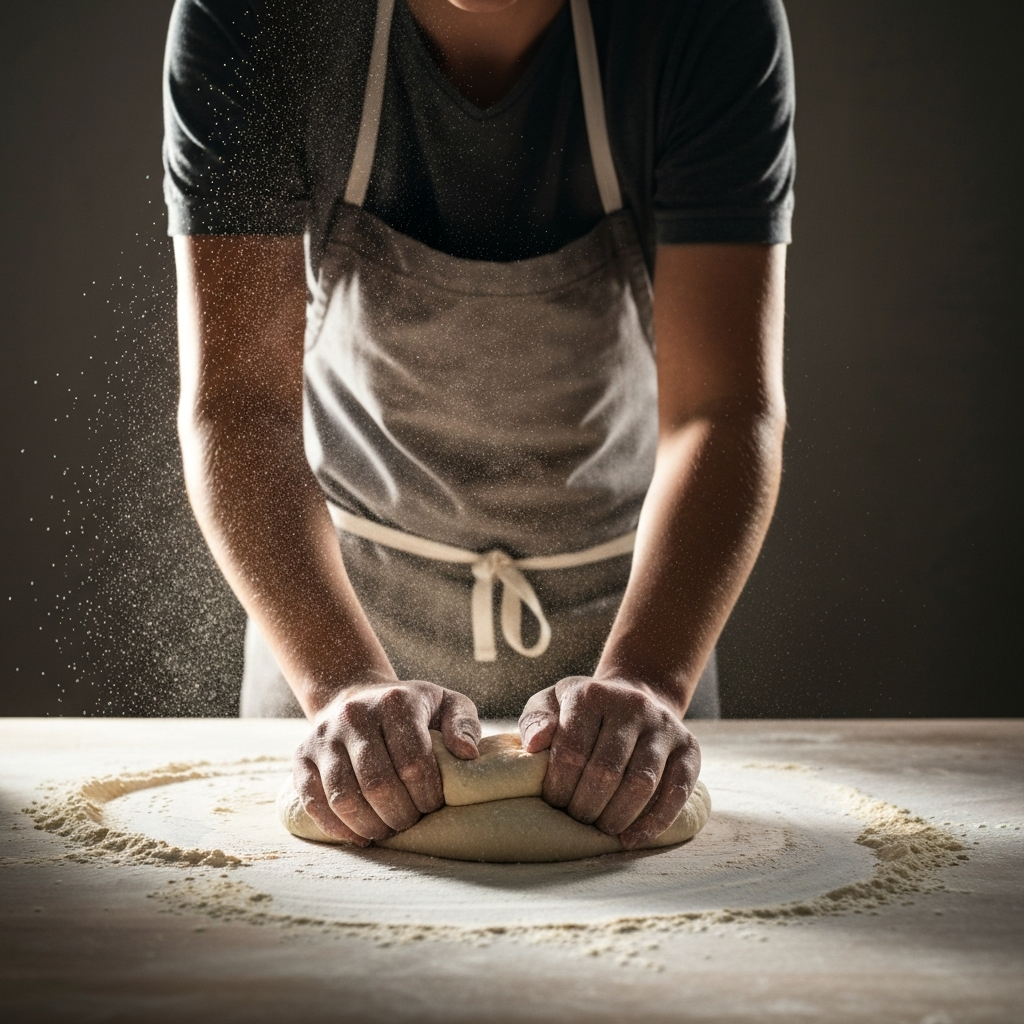 A baker kneading dough on a floured surface. The light catches the flour particles in the air, creating a sense of movement and energy. The baker's arms are visible, demonstrating the kneading technique. 