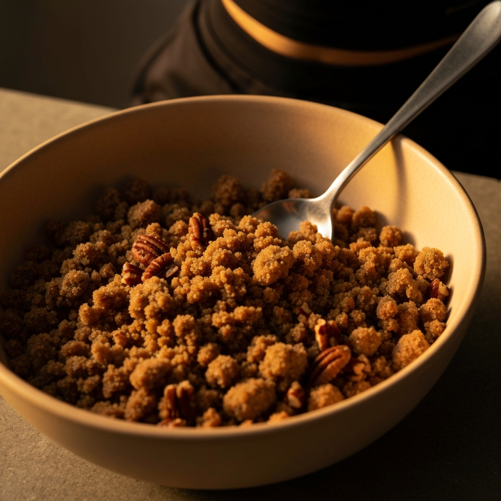 A close-up of a bowl filled with a crumbly brown sugar and pecan mixture. The lighting is warm and inviting, highlighting the rich colors and textures of the ingredients. A spoon rests casually in the bowl.