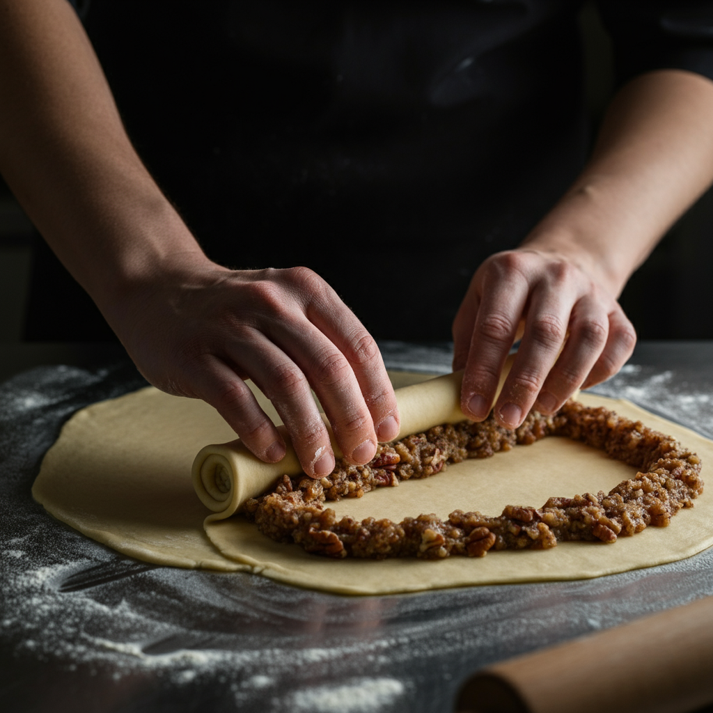 A baker carefully rolling a sheet of dough filled with the pecan mixture. The hands are visible, demonstrating the rolling technique. The dough is on a floured surface, and the background is slightly blurred.