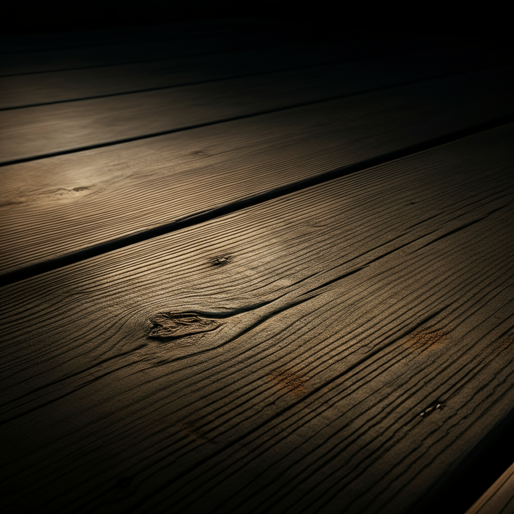 Close-up shot of a weathered deck board, showing cracks and splinters, side-lit with soft shadows.