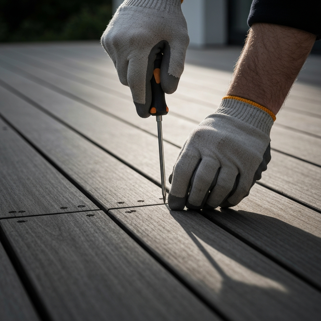 A person in work gloves uses a screwdriver to probe a deck board. The lighting is bright and focused on the point of contact between the screwdriver and the wood.