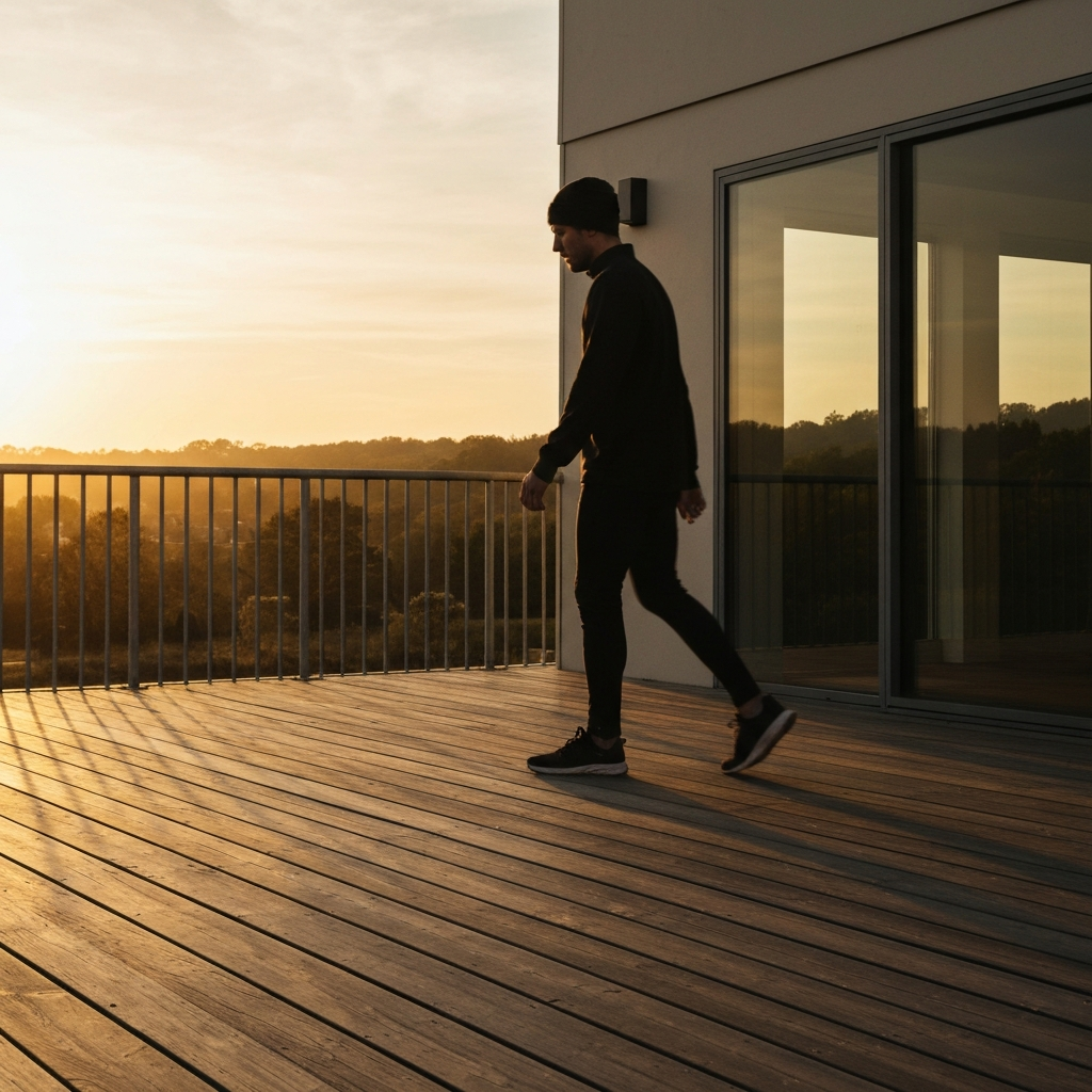 Wide shot of a deck with golden hour lighting. A person is walking across the deck, slightly blurred in motion, suggesting a dynamic assessment.