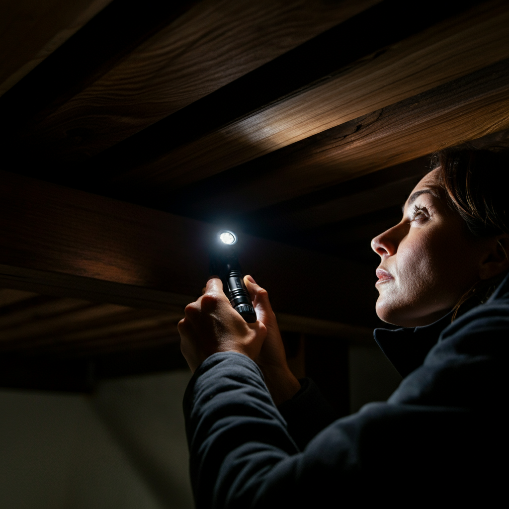 A person is inspecting the underside of a deck with a flashlight, focusing on the wooden support beams. The scene is dimly lit to highlight the flashlight beam and the wood's texture.