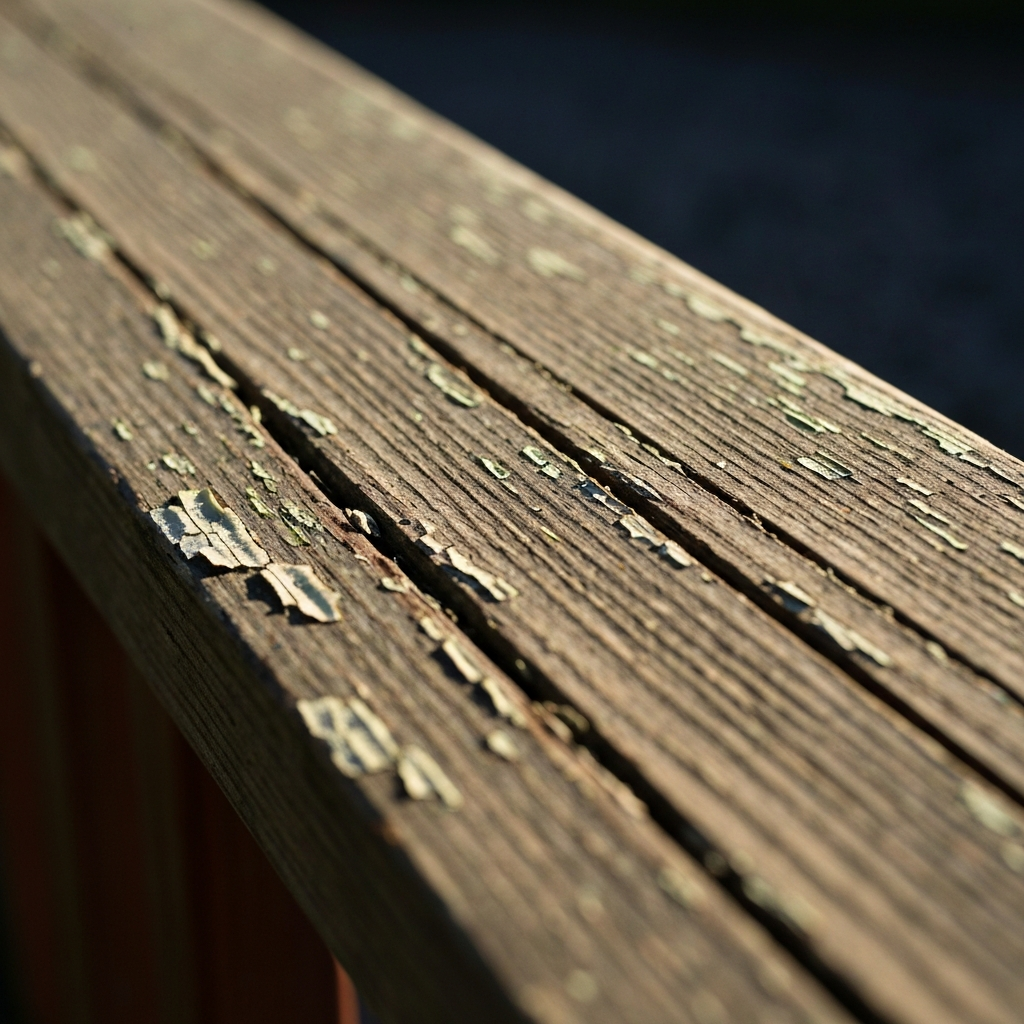 Close-up of a deck board with peeling stain, showcasing the texture of the old finish and the exposed wood beneath. The lighting highlights the contrast between the two surfaces.