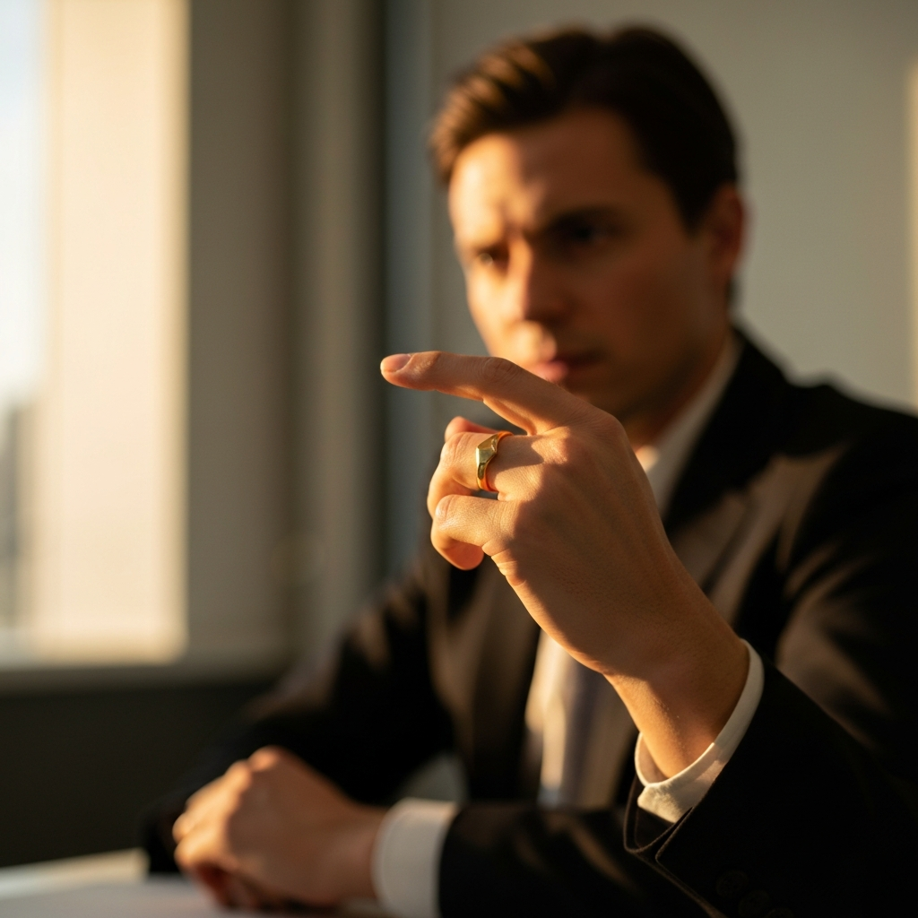 Close-up shot of a hand with a gold ring on the index finger, bathed in warm, golden-hour lighting. The background is softly blurred, showing a professional-looking office environment.