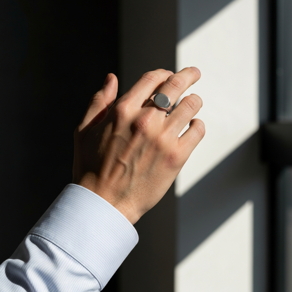 A slightly elevated, side-lit image of a hand in a crisp business shirt, wearing a silver signet ring on the index finger. The texture of the shirt is visible, and the lighting emphasizes the details of the ring.