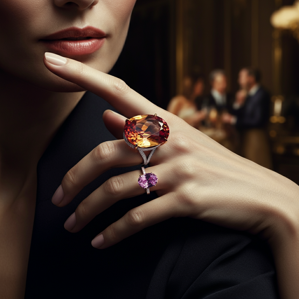 A woman's hand, adorned with a large, colorful cocktail ring on the index finger. The lighting is soft and diffused, highlighting the gemstone's facets and the delicate details of the ring's setting. The background is a blurred image of a sophisticated social gathering.