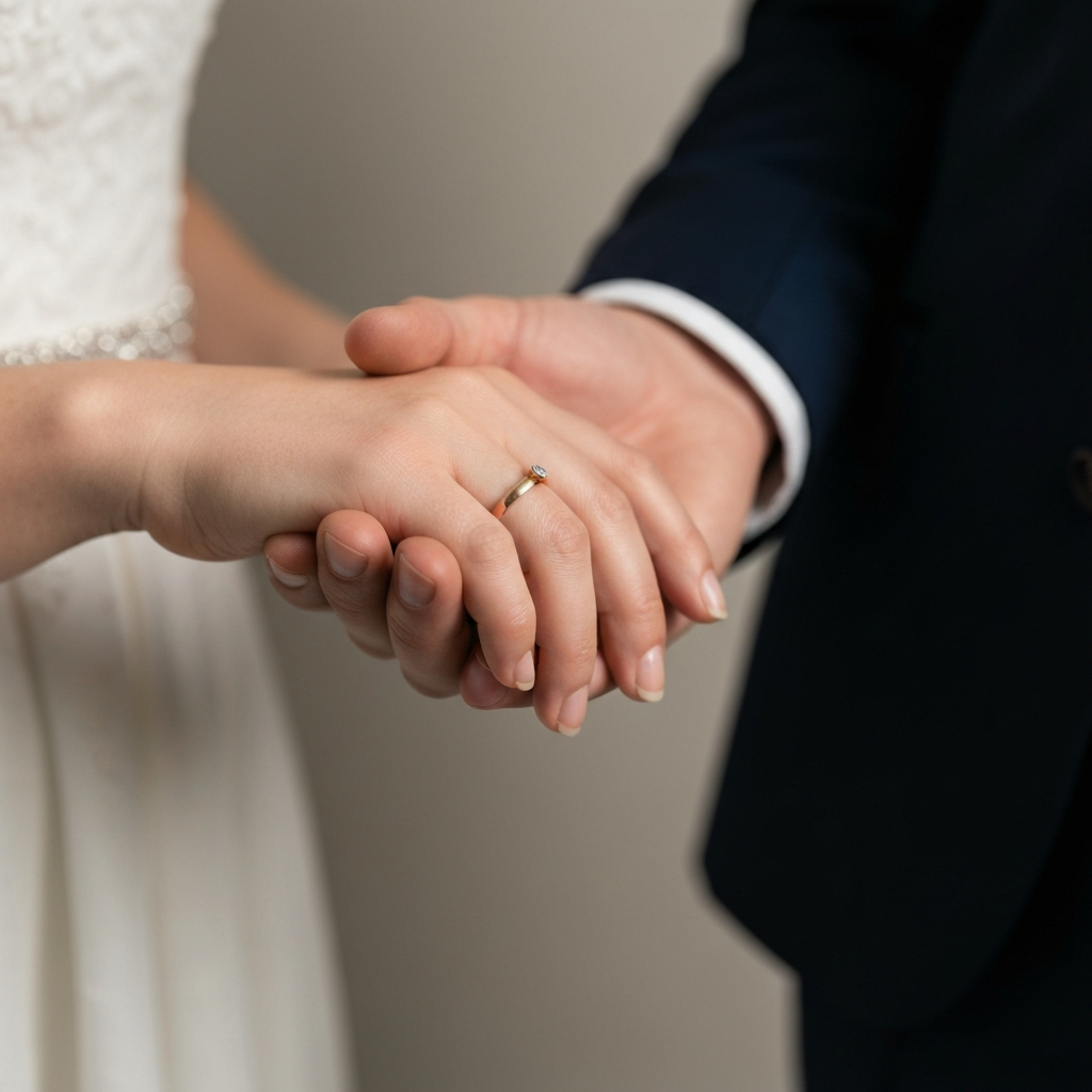 A bride's hand, gently held by the groom, with a simple gold band on her index finger. The lighting is soft and romantic, emphasizing the connection between the couple.