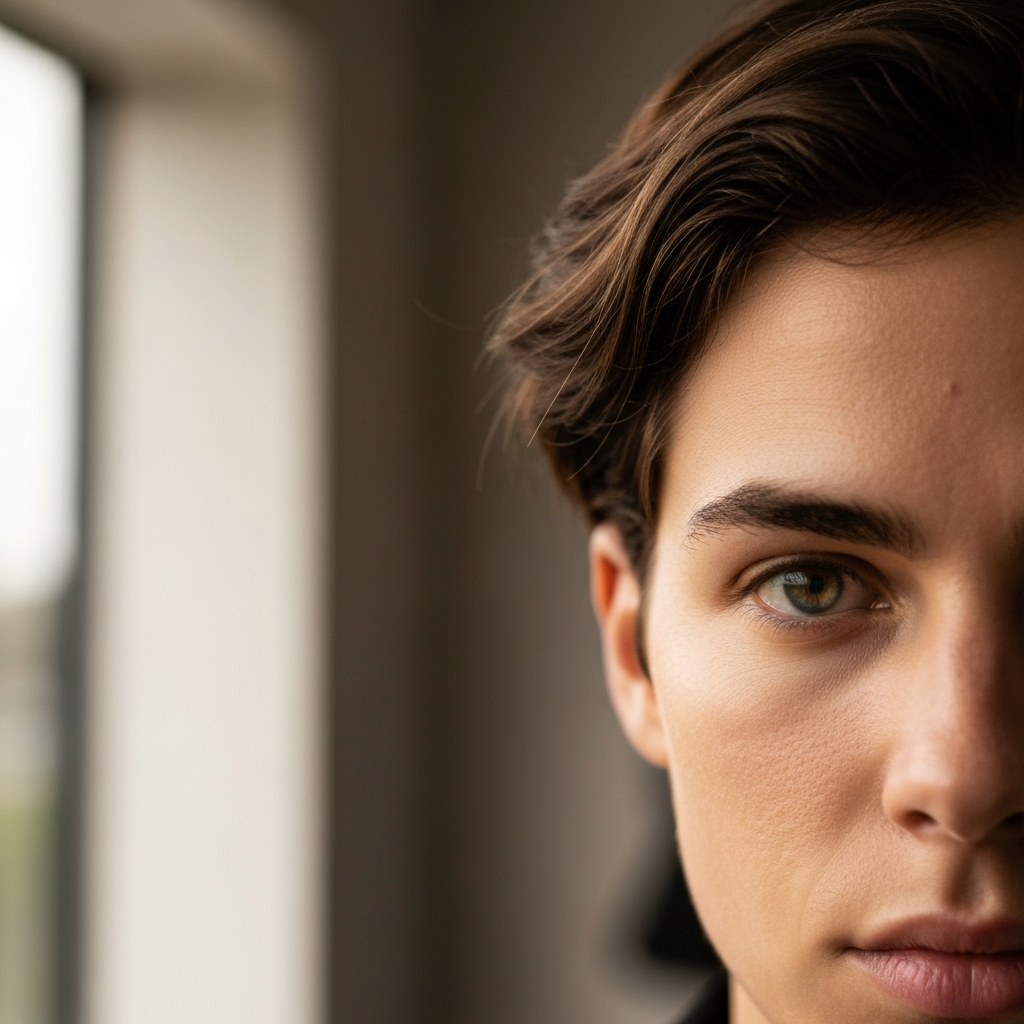 A close-up shot of a person's face, emphasizing their hair and eye color. The lighting is warm and inviting, showcasing the depth and richness of the colors. Soft bokeh in the background.
