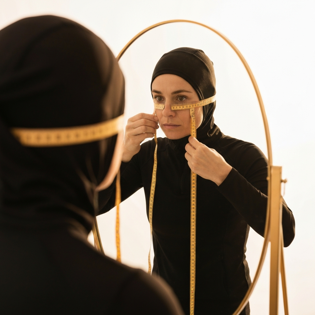 A person using a soft measuring tape to measure the different sections of their face while looking in a mirror. The scene is clean, with a white background, emphasizing the measuring process.