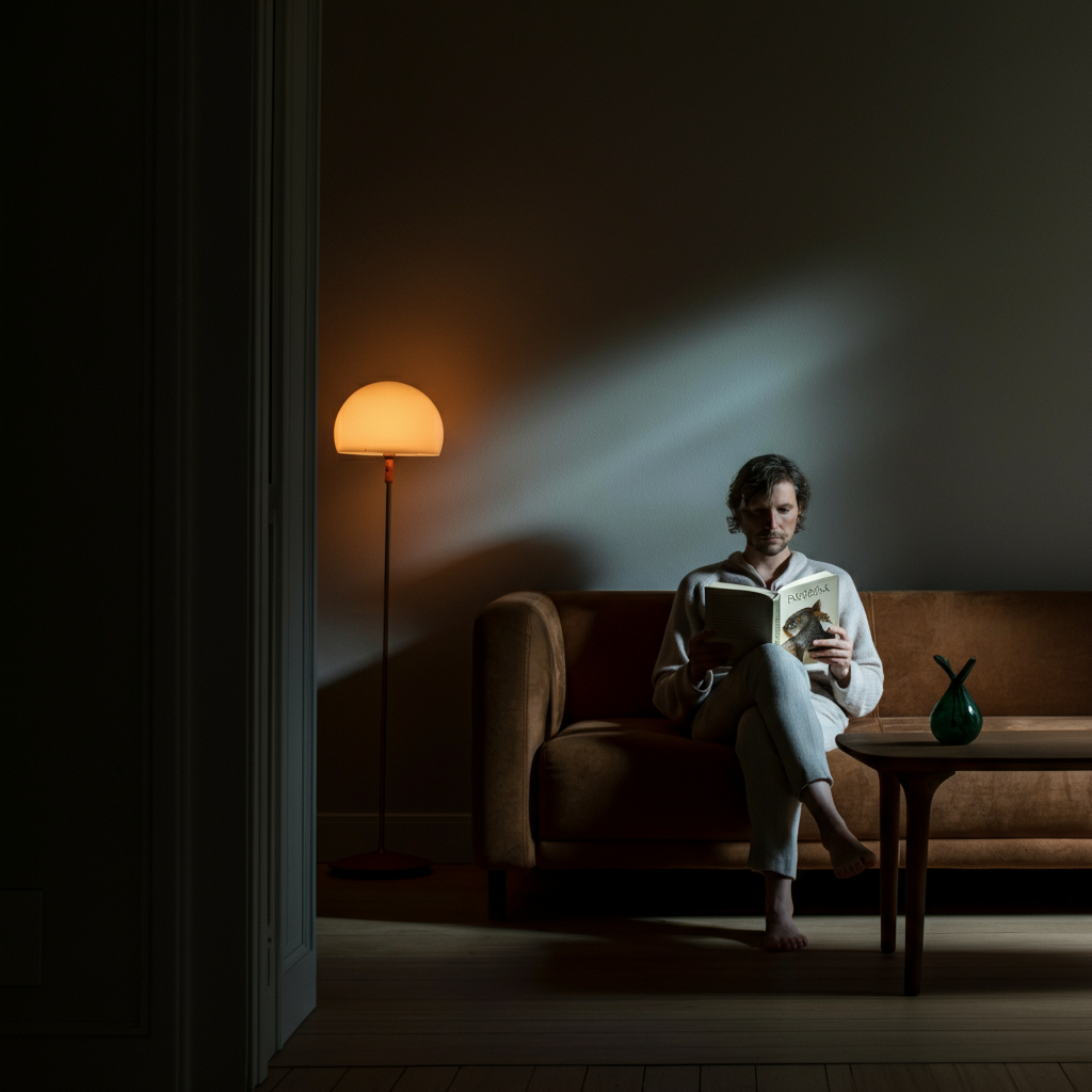 A person sitting comfortably on a couch, reading a book about animals. The room is cozy, with soft lighting and comfortable furniture.