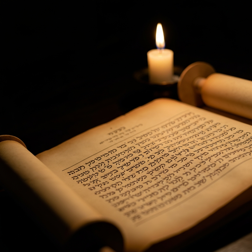 Close-up of an ancient scroll, illuminated by soft candlelight, revealing handwritten Hebrew text.