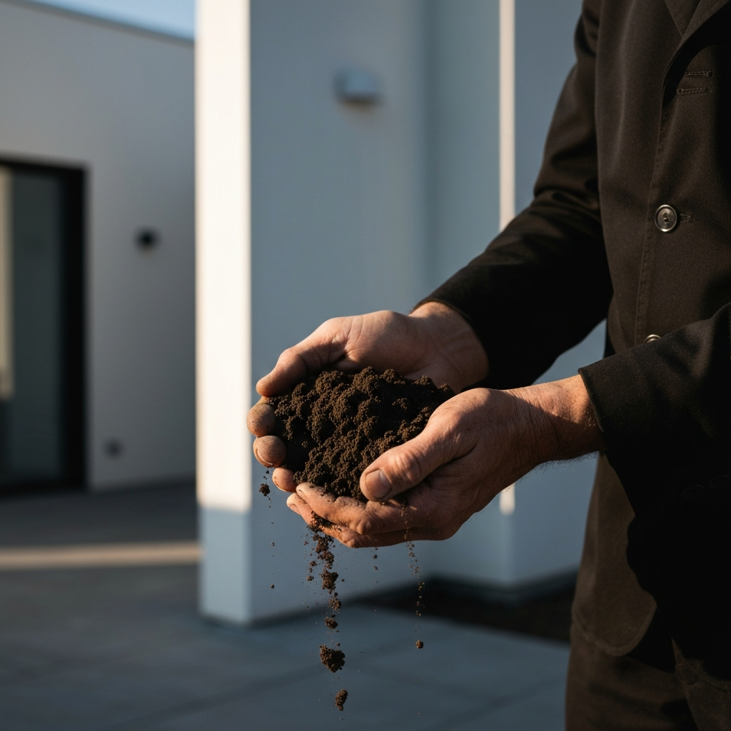 A farmer's hands, weathered and strong, holding a handful of rich, dark soil in the golden hour lighting.