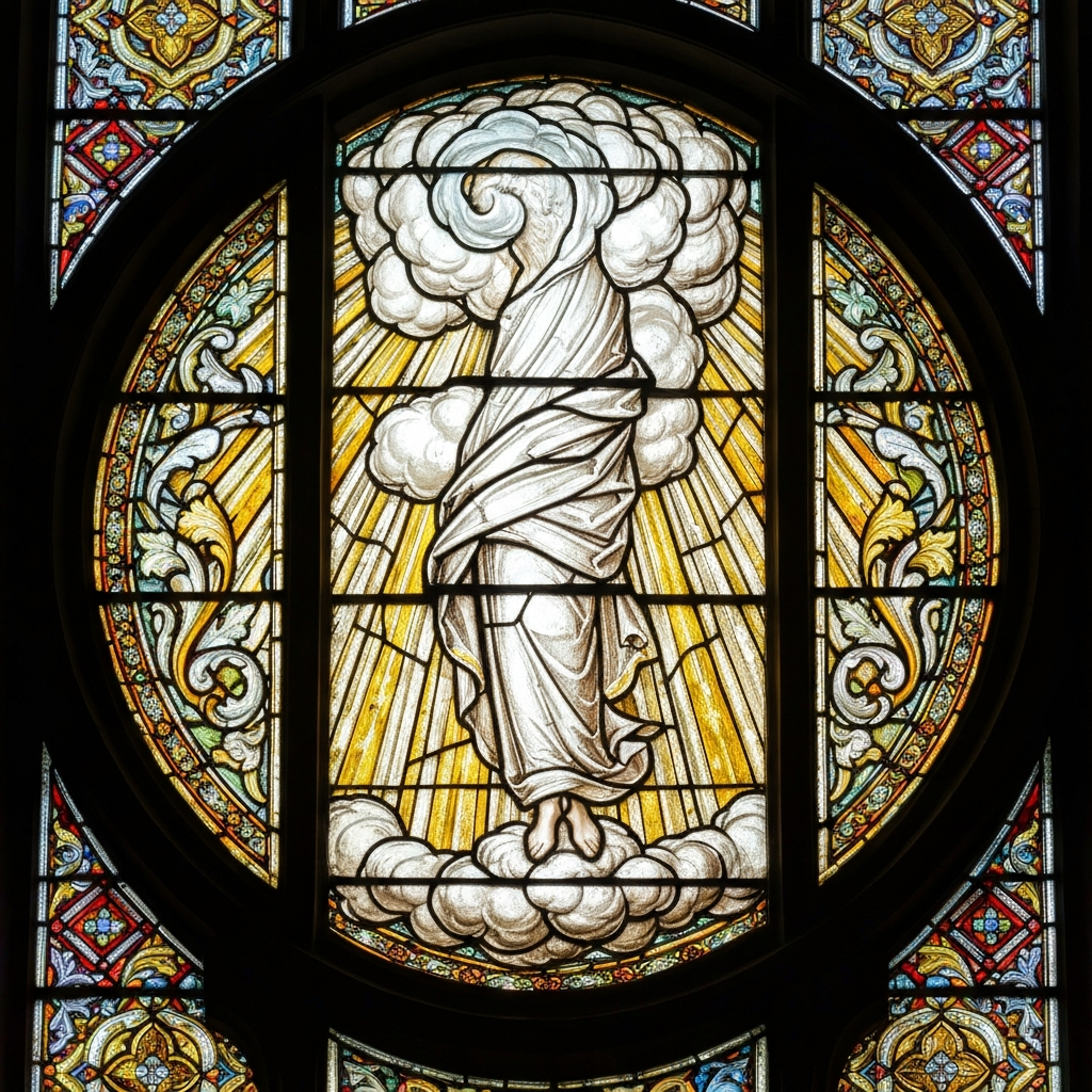 A stained-glass window depicting the Holy Spirit descending, with diffused, colorful light streaming through the glass.