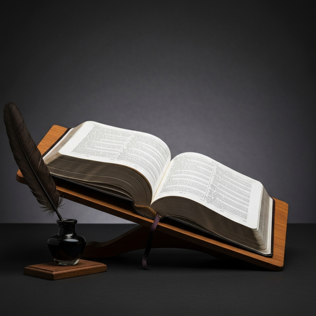 Open Bible on a wooden lectern, side-lit to show the texture of the pages, with a quill and inkwell beside it.
