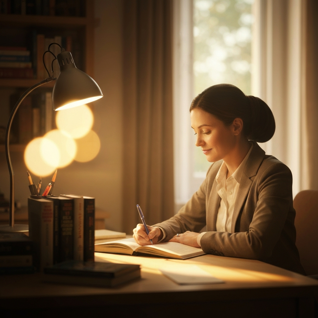 A cozy, warmly lit study. A woman with gentle features sits at a desk, thoughtfully writing in a journal. Soft bokeh from a nearby window creates a peaceful atmosphere. The desk is cluttered with books on spirituality and relationships, bathed in golden-hour lighting.