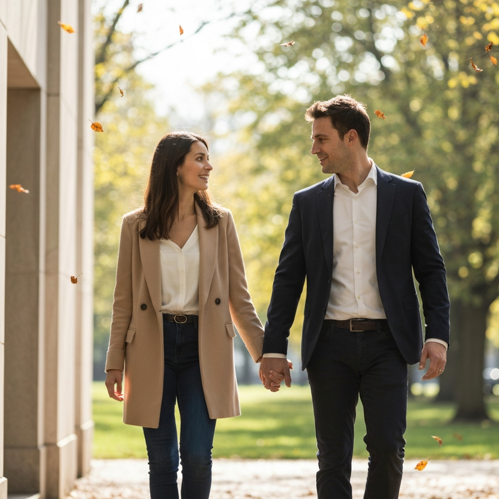 A couple walks hand-in-hand through a sunlit park, their faces turned towards each other in animated conversation. The background is blurred, emphasizing their connection. Leaves fall gently, creating a sense of warmth and intimacy. The light is soft and diffused.