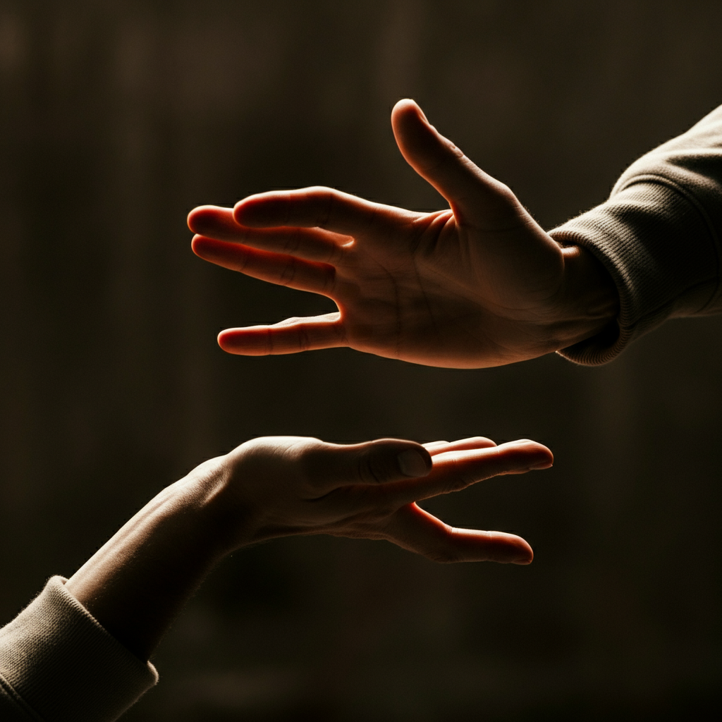 Two hands reach out to touch, creating a mirror image. The hands are well-manicured and the lighting is soft, highlighting the skin's texture. The background is dark and out of focus.