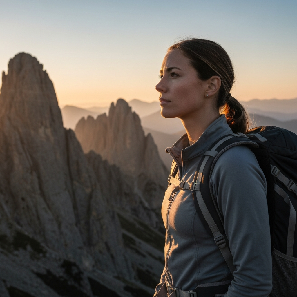 A woman gazes at a mountain range during sunrise with contemplative expression. She is dressed in hiking attire and a backpack. The light emphasizes the rugged texture of the mountains and her determination.