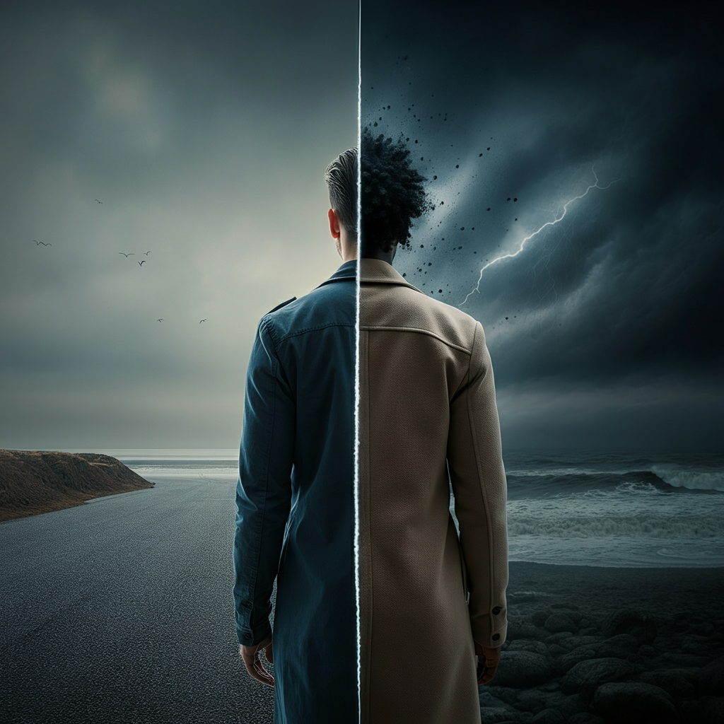 A split image. One side shows a serene, stable environment; the other shows a stormy, chaotic scene. The lighting is dramatic, highlighting the contrast between the two.