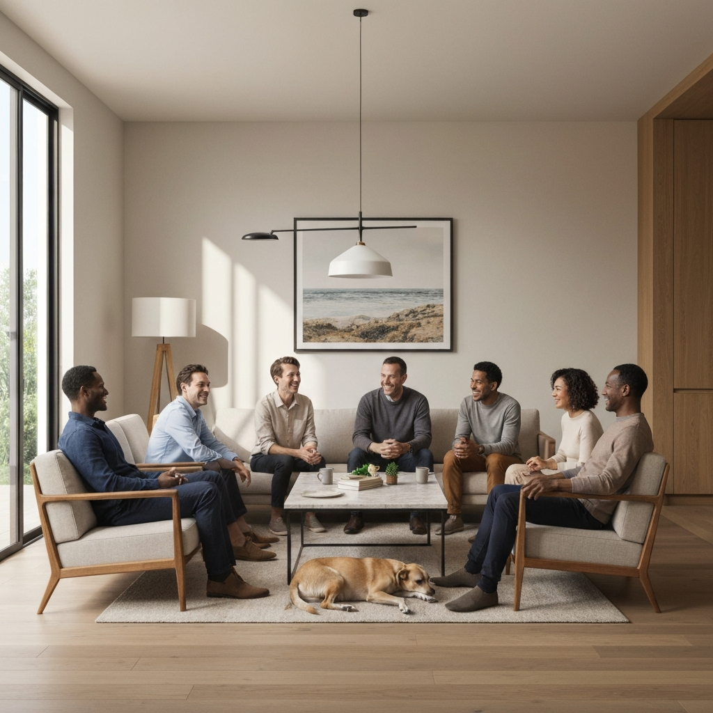 A group of diverse individuals are sitting around a coffee table in a sun-drenched living room, smiling and engaged in a lively conversation. A dog lies contentedly at their feet. Soft, natural light illuminates the scene.