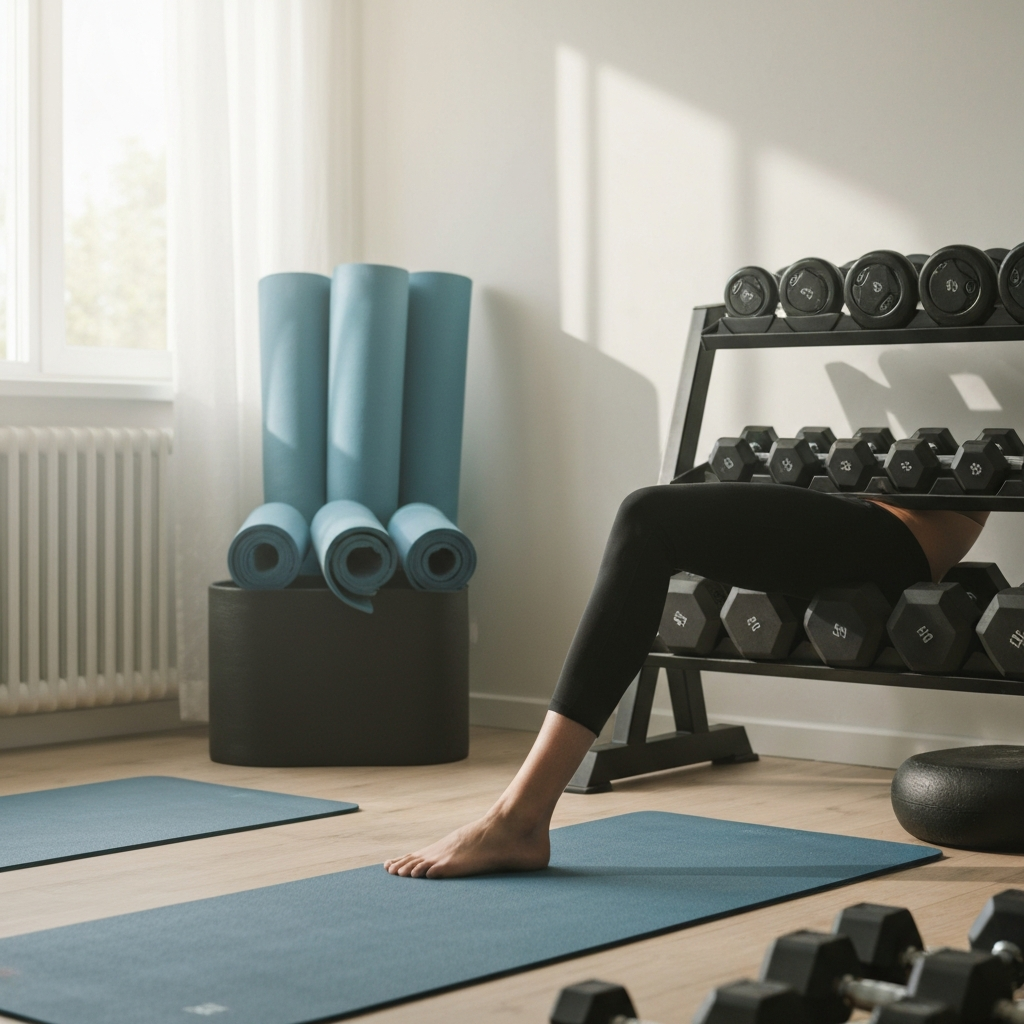 Wide shot of a bright, clean home gym. Yoga mats are neatly rolled, dumbbells are organized on a rack. Soft, natural light streams through a window.