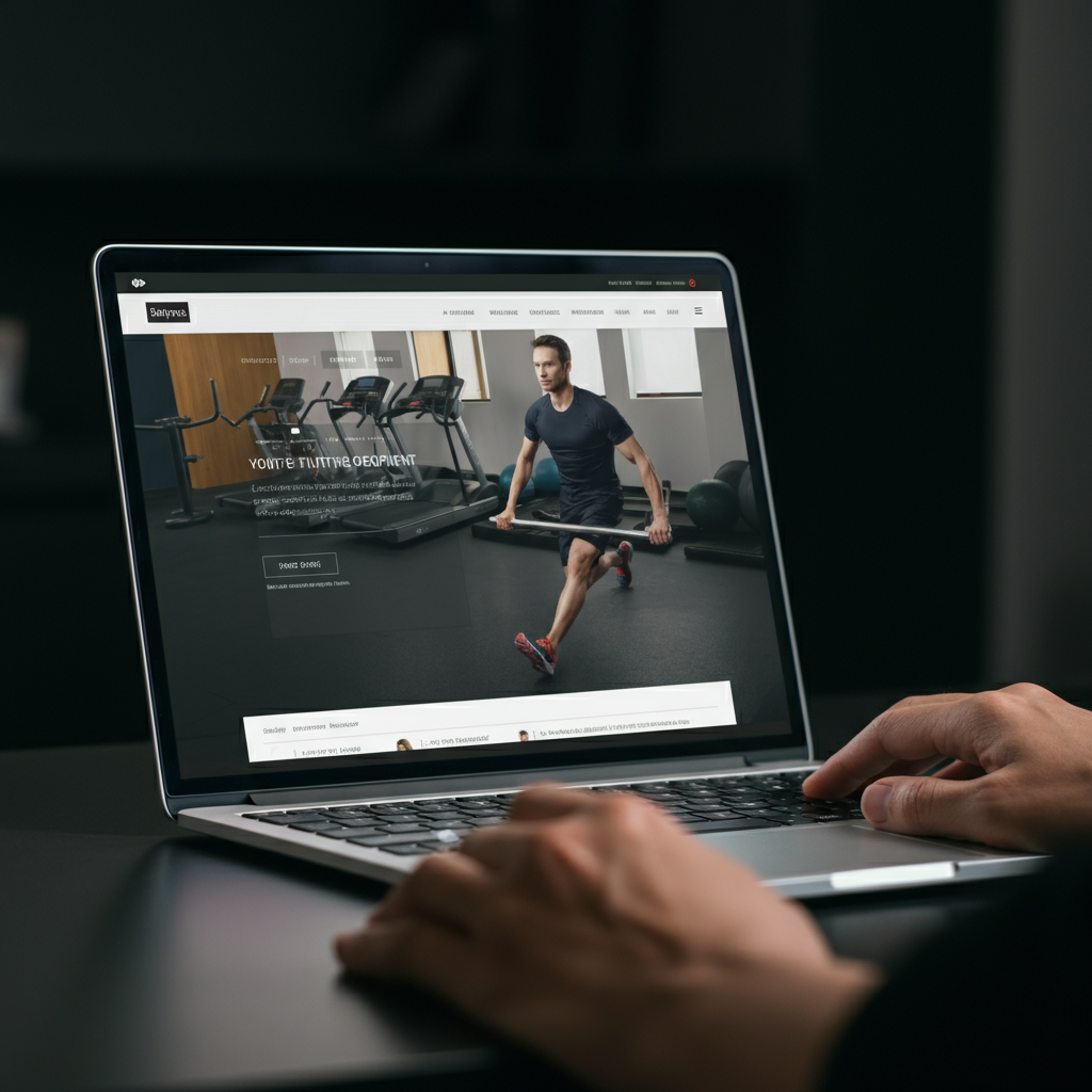 Close-up of a laptop screen displaying a fitness equipment review website. A hand hovers over the mouse, ready to click on a product.