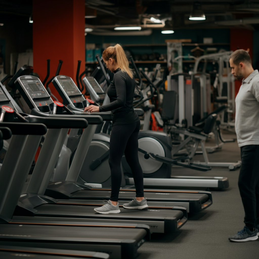 A well-organized used fitness equipment store. Rows of treadmills, ellipticals, and weight machines are neatly displayed. A salesperson is assisting a customer.