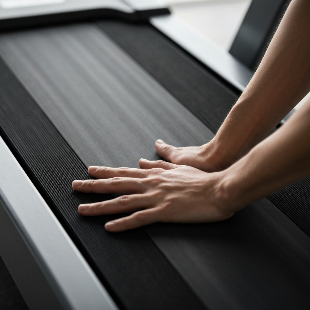 Close-up shot of a person inspecting the belt of a treadmill. The lighting is soft, highlighting the texture of the belt material. Their hand is gently running across the surface, feeling for damage.