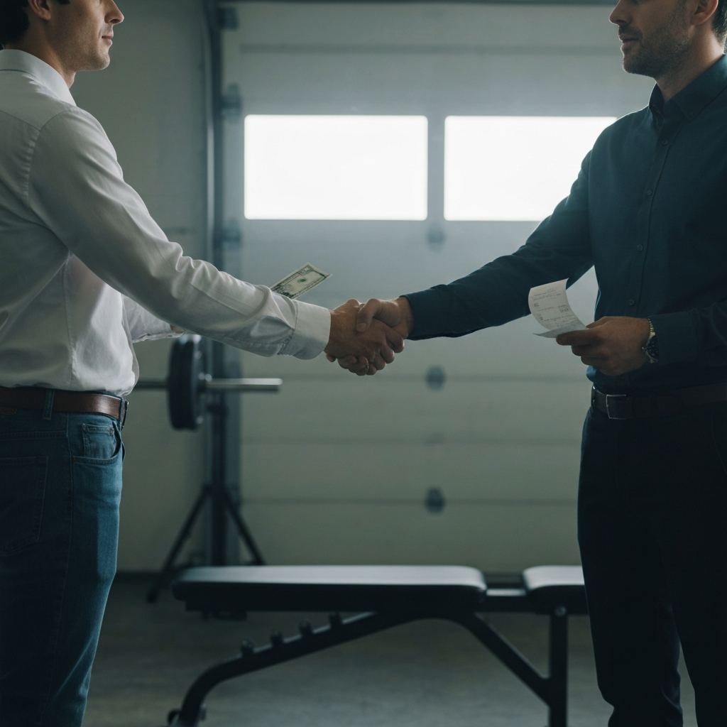 Two people shaking hands in a garage. One person is handing over cash, while the other is holding a receipt. A weight bench is visible in the background.