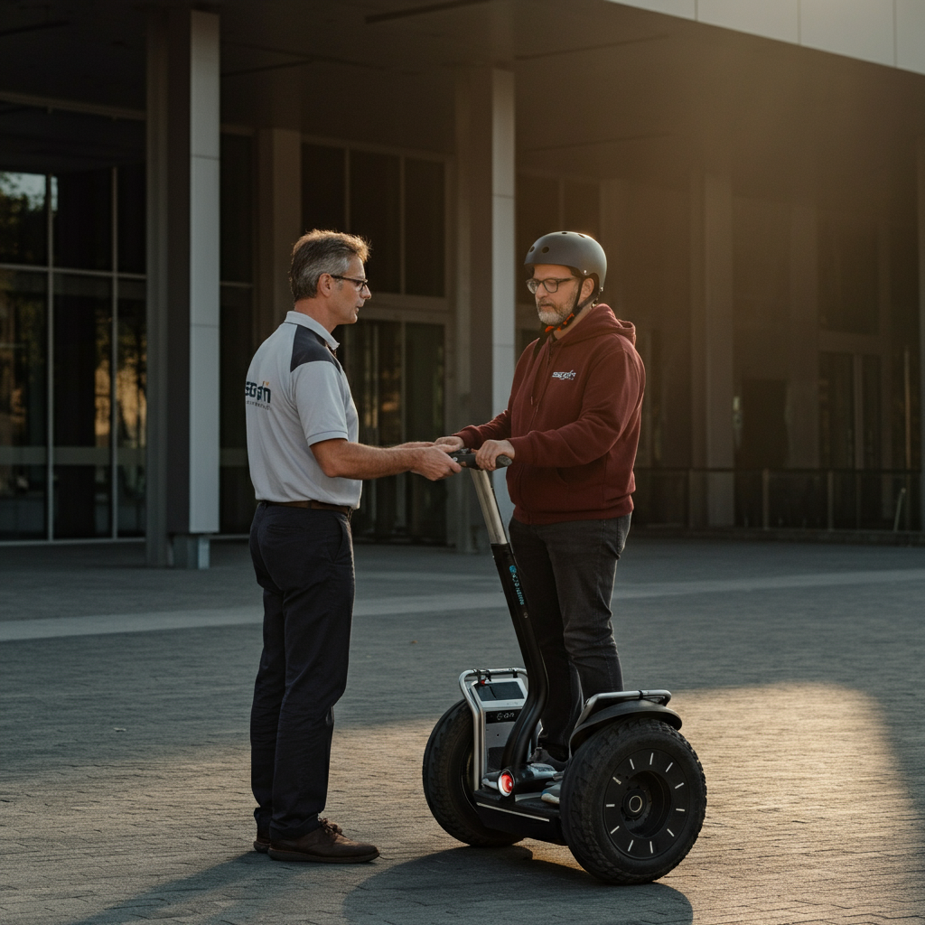 A Segway instructor, mid-40s, demonstrating basic Segway operation to a student in an open, paved area. The instructor is wearing a branded uniform and the student is in casual wear with a helmet. Soft morning light with gentle shadows highlights the Segway's features.