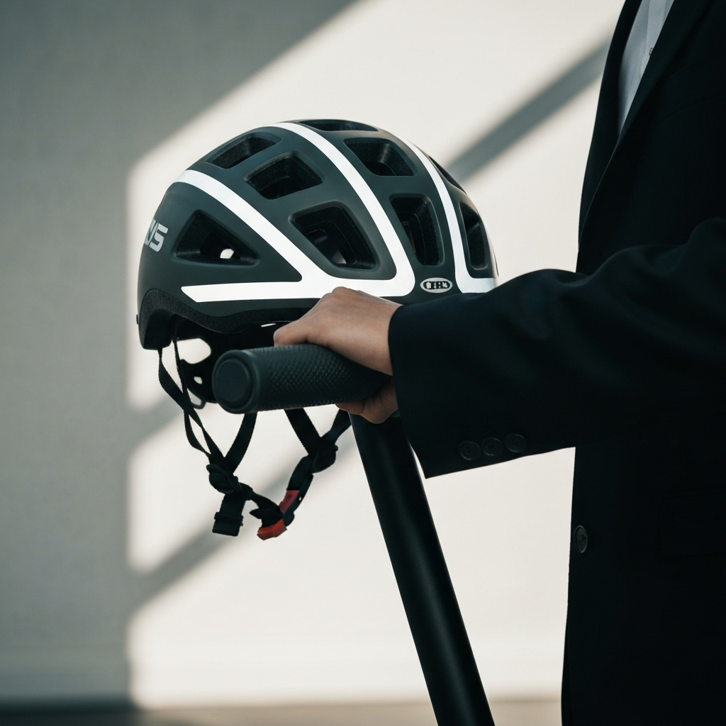 A close-up shot of a helmet resting on a Segway handlebar. The helmet is a bright color and has reflective strips. The handlebar has a textured grip, side-lit to show detail.