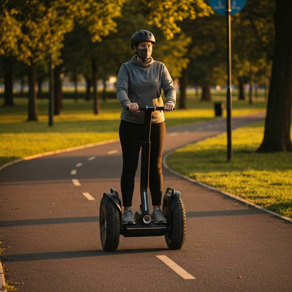 A person riding a Segway on a paved path in a park. The rider has both hands on the handlebars, feet firmly on the platform, and is looking ahead. The scene is bathed in golden hour lighting, casting long shadows.