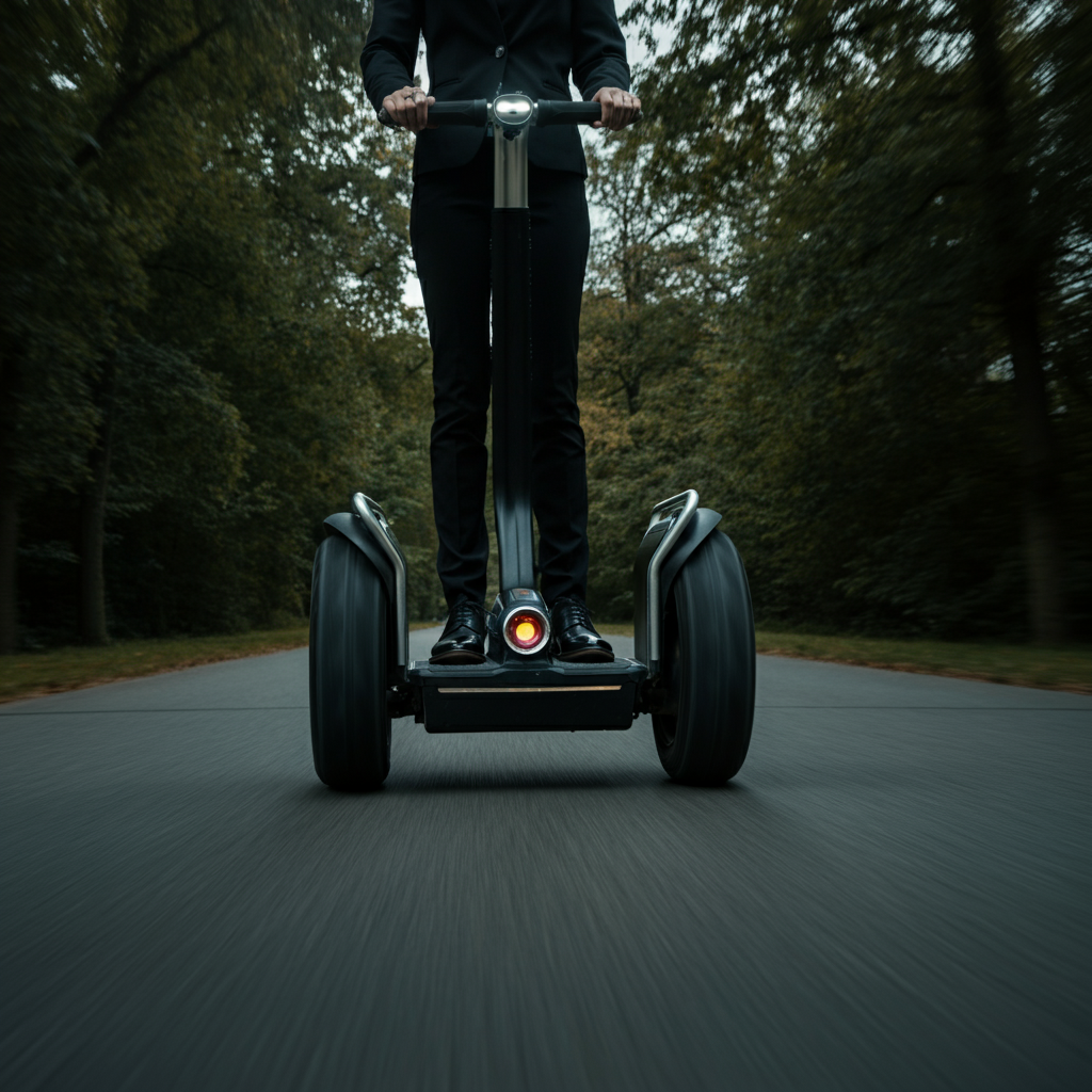 A Segway turning gently on a wide paved path. The path is bordered by trees, creating a sense of depth. The Segway is partially blurred to indicate motion. The lighting is diffuse and even.