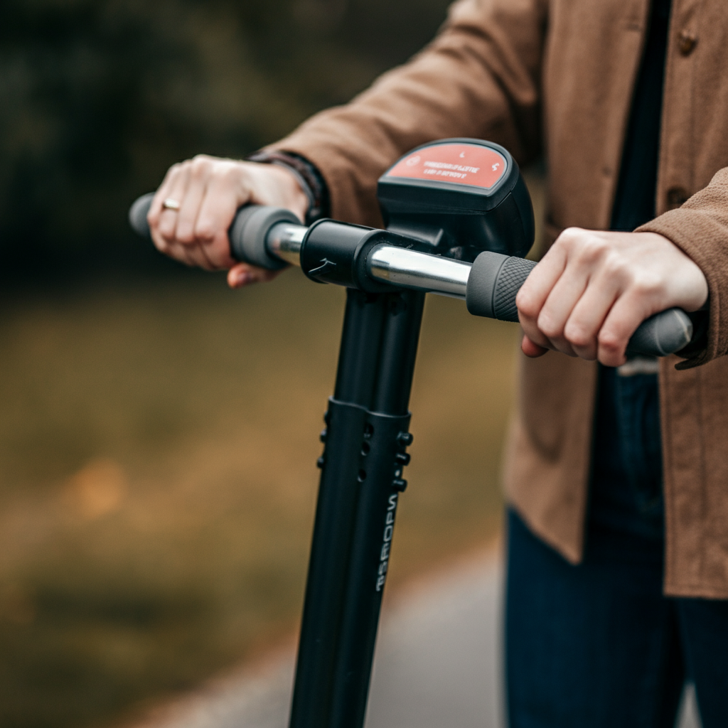 A close-up shot of a Segway handlebar with hands gripping it. The handlebar is slightly tilted back, simulating the speed limiter activation. The background is softly blurred.