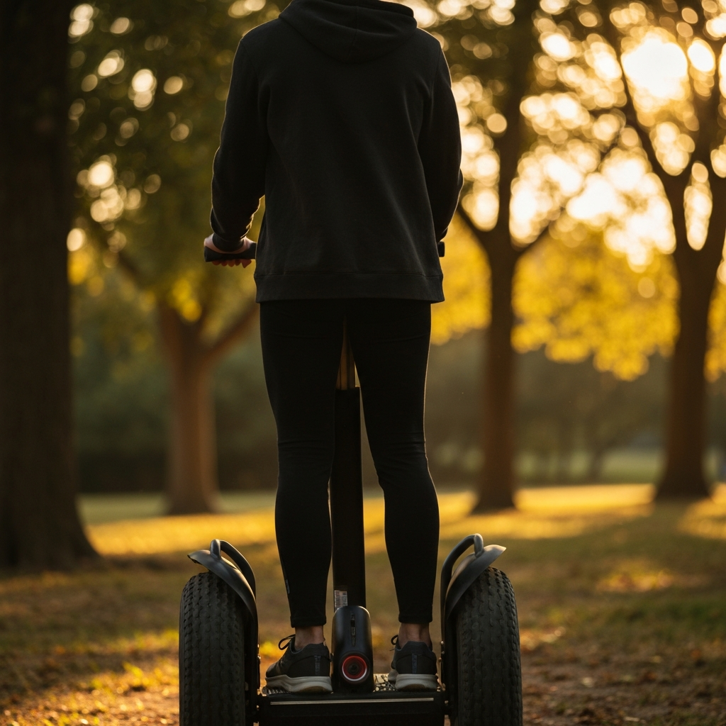 A person riding a Segway with good posture, showing a slight gap between their body and the handlebar. The background is a blurred park scene with trees and sunlight filtering through the leaves.