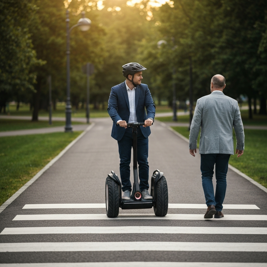 A Segway rider slowing down and yielding to a pedestrian crossing a paved path. The rider is making eye contact with the pedestrian. The scene is in a park with soft, natural lighting.